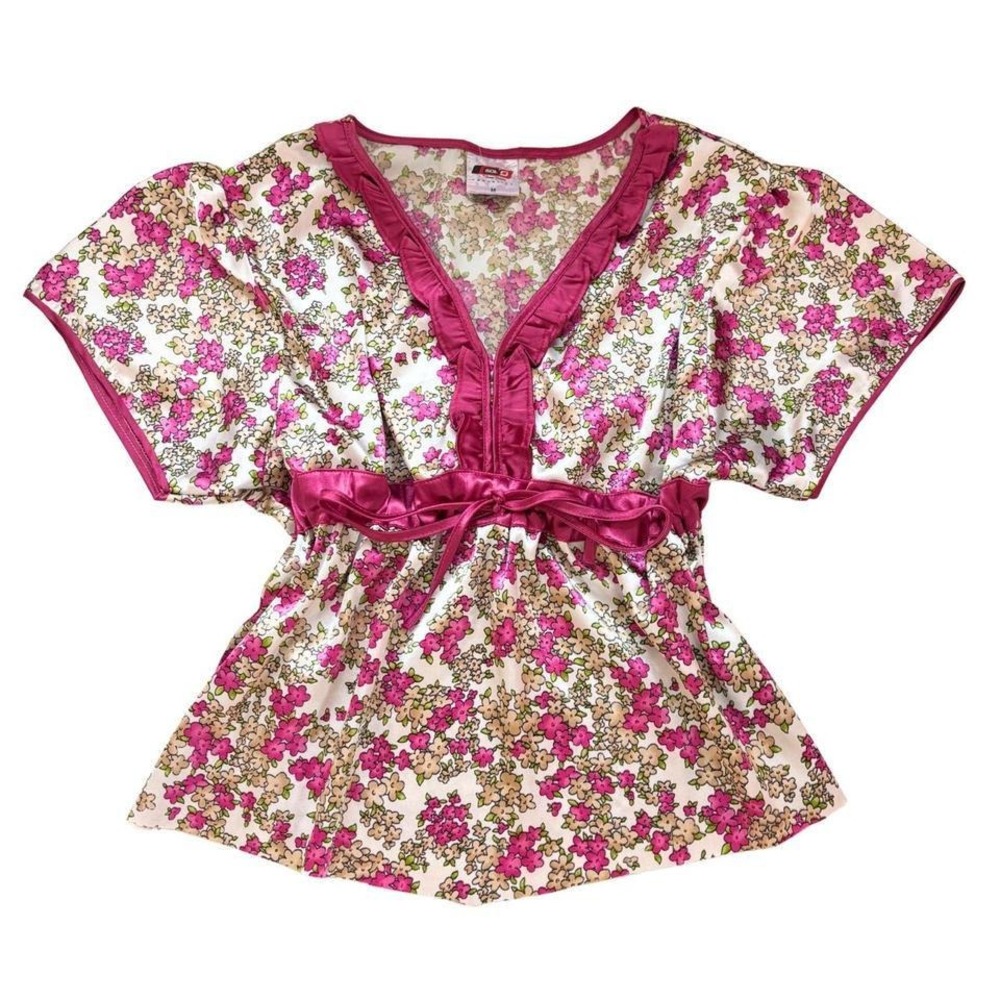 Vintage Y2K Pink Floral Satin Trim Babydoll Blouse Small